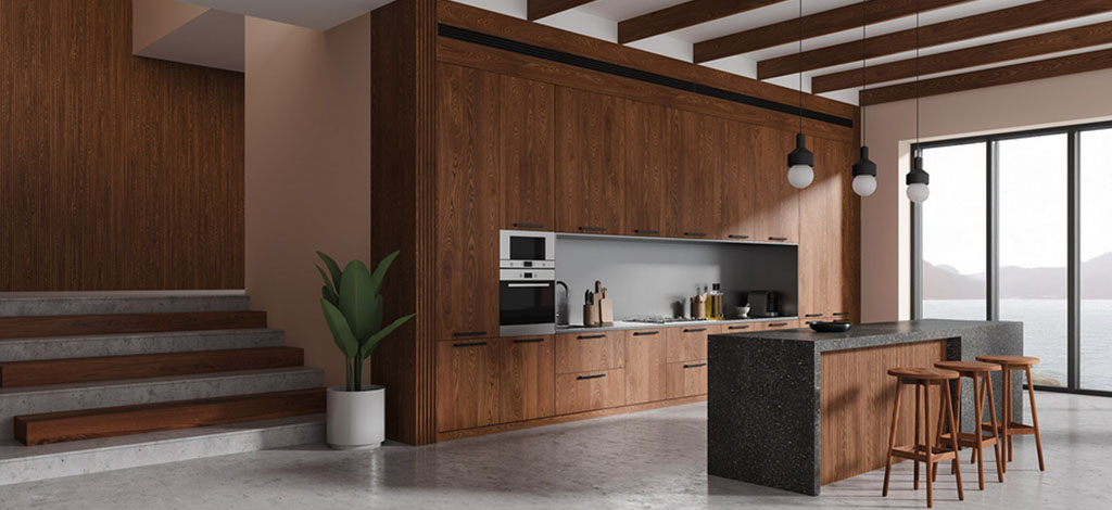Moisture-resistant plywood cabinets in kitchen design by Mikasa Plywood