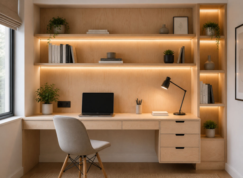 Backlit plywood shelves with LED lighting