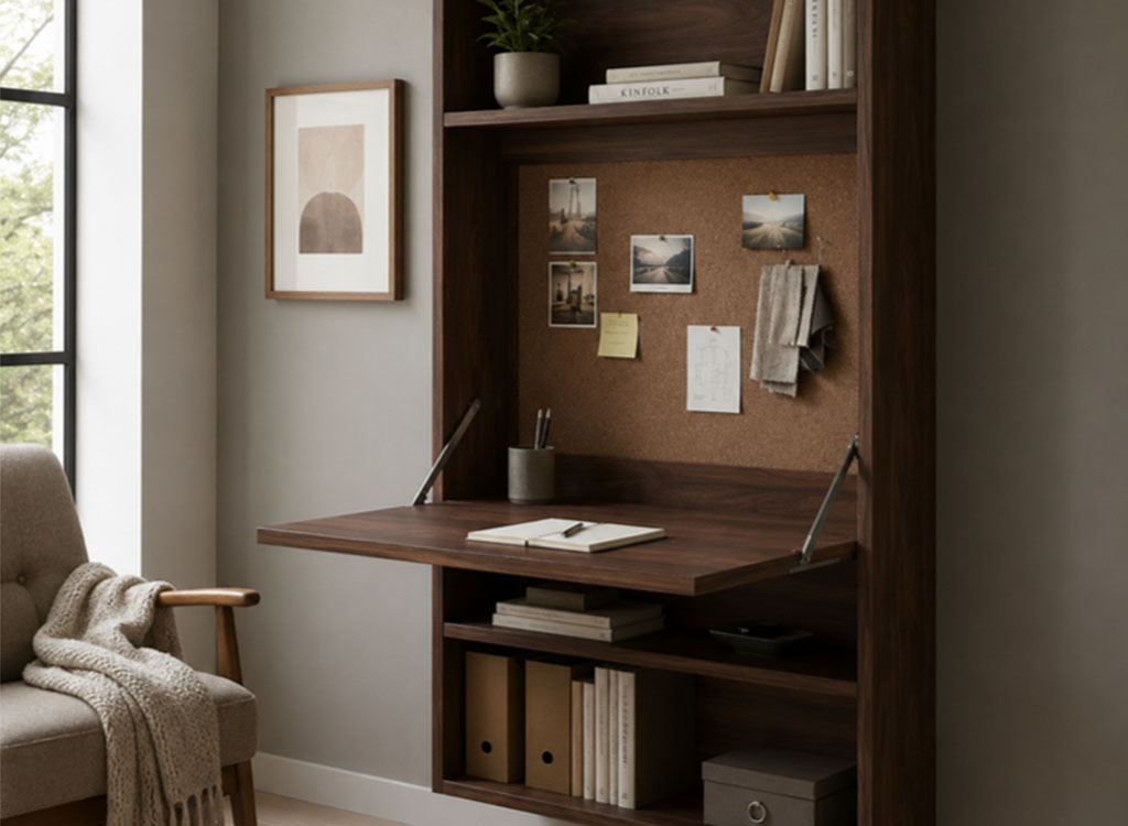 Fold-down plywood pinboard with a built-in shelf