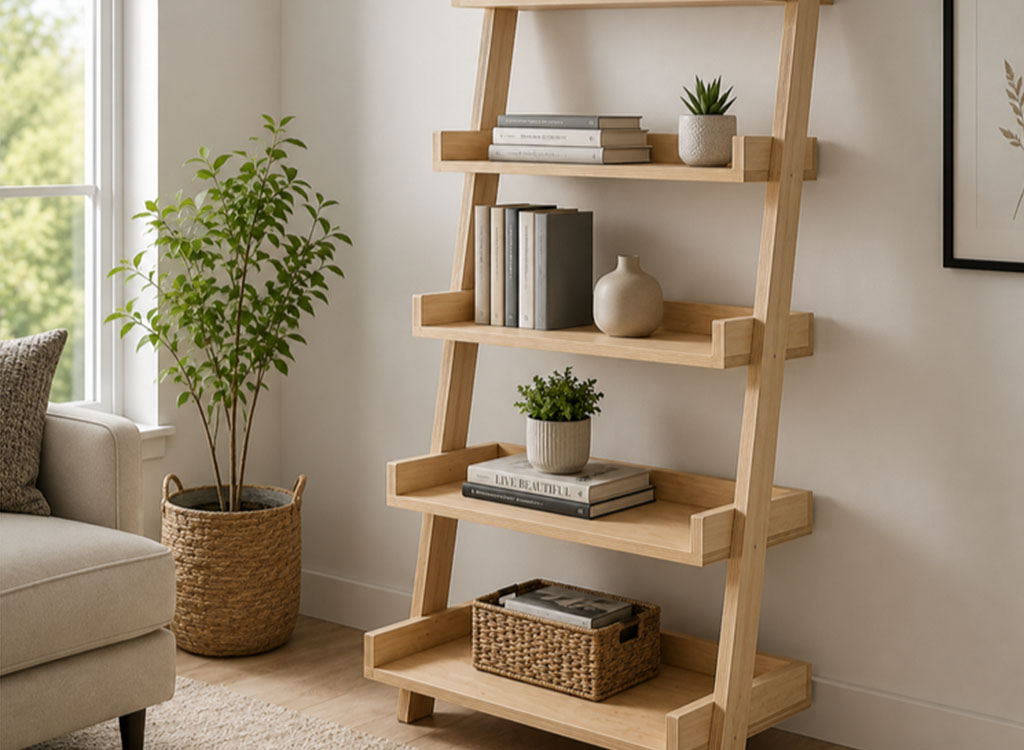 Plywood ladder shelves for organising books