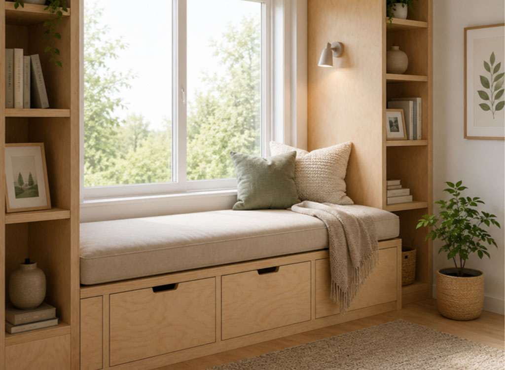 Cozy window reading nook with a plywood seat