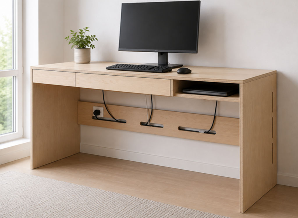 Study table with a plywood cable management panel